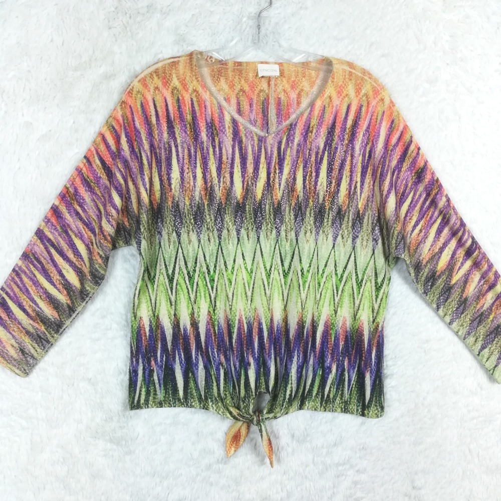 Chico's Womens Top Blouse Multi Chevron Print V Neck Shimmer Metallic Tie M